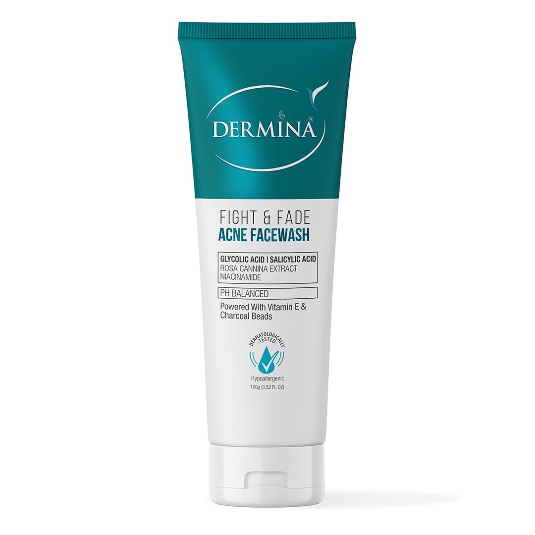 Dermina Fight & Fade Acne Facewash With Glycolic Acid, Salicylic Acid, Vitamin E & Charcoal Beads For Acne Free Skin | For All S