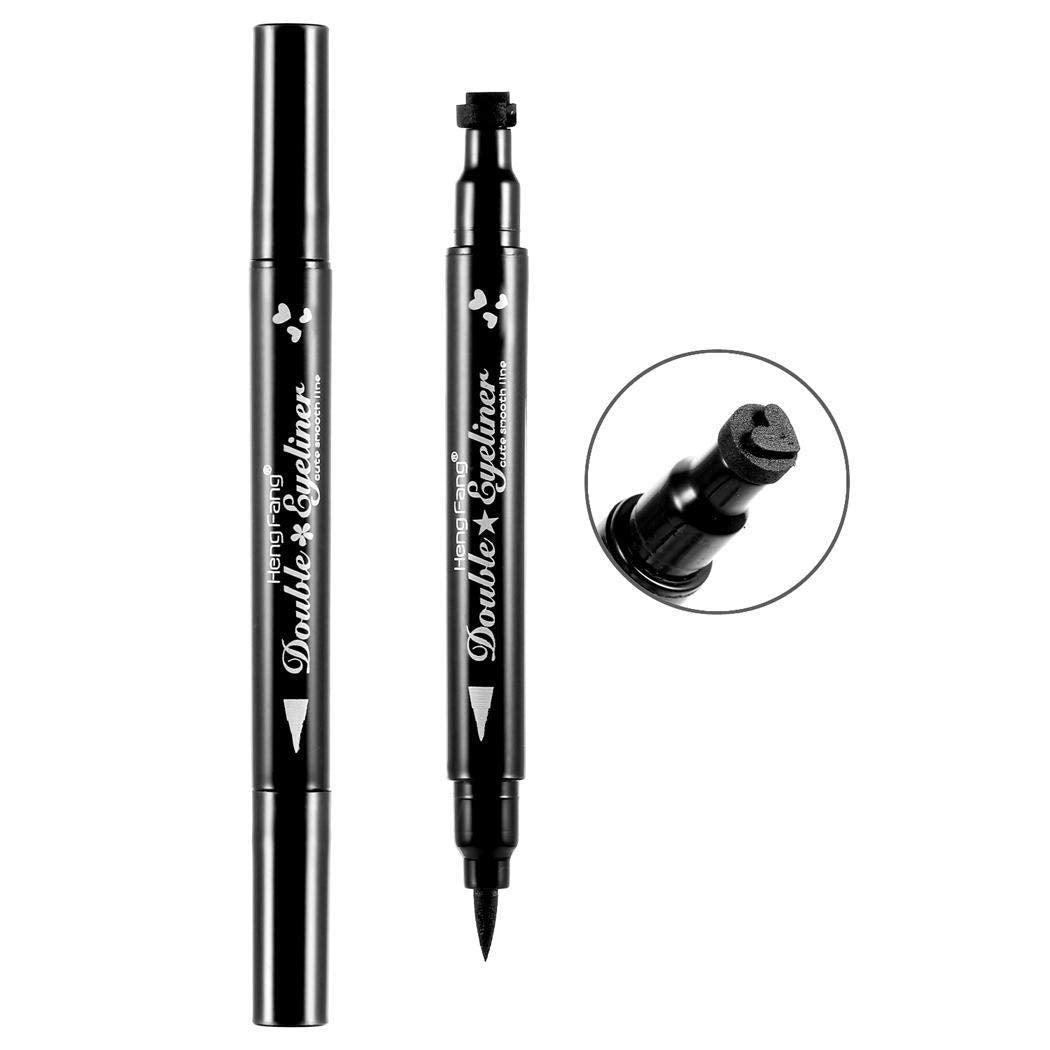 Pinkiou 2 In 1 Double-Headed Liquid Eyeliner Pen Stamp Super Slim Gel Felt Tip High Pigment Black Waterproof Smudgeproof Long La