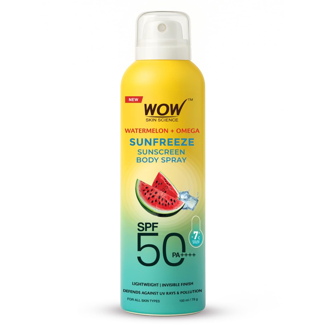 Wow Skin Science Watermelon + Omega Sunfreeze Sunscreen Spray | Spf 50 Pa++++ | -7C Cooling Effect | Uv Rays + Pollution Defense