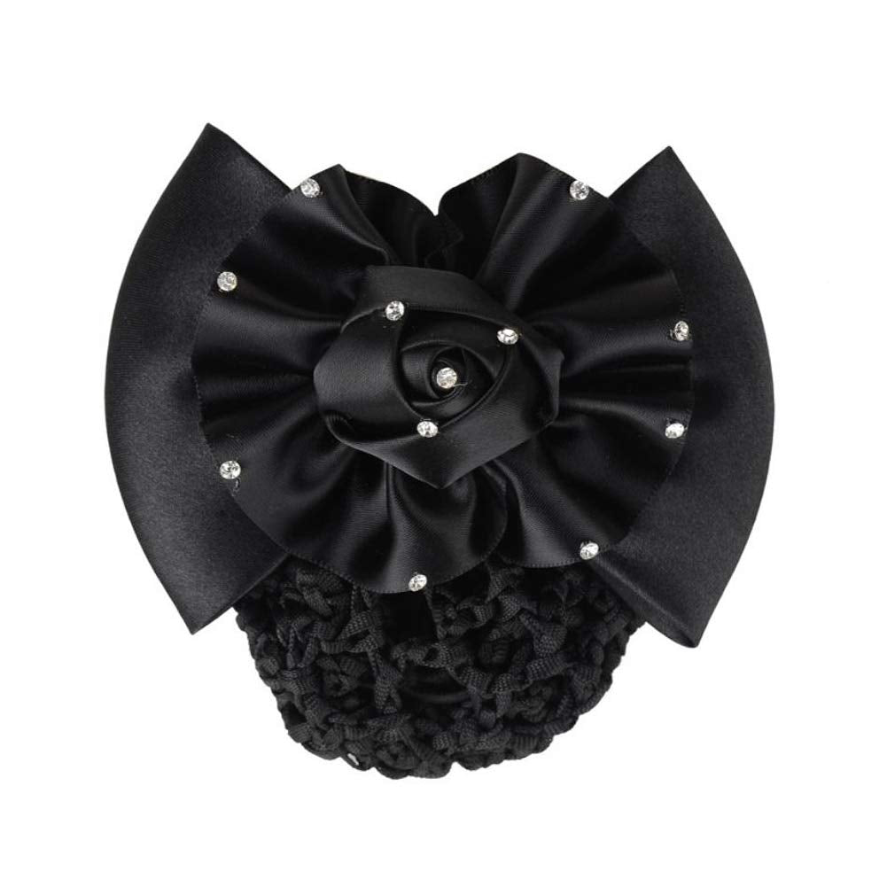 Women's Rhinestone Satin Bow Hair Accessory - Barrette, Bowknot Snood, and Net Hair Clip for Hotel, Airline, and Medical Profess