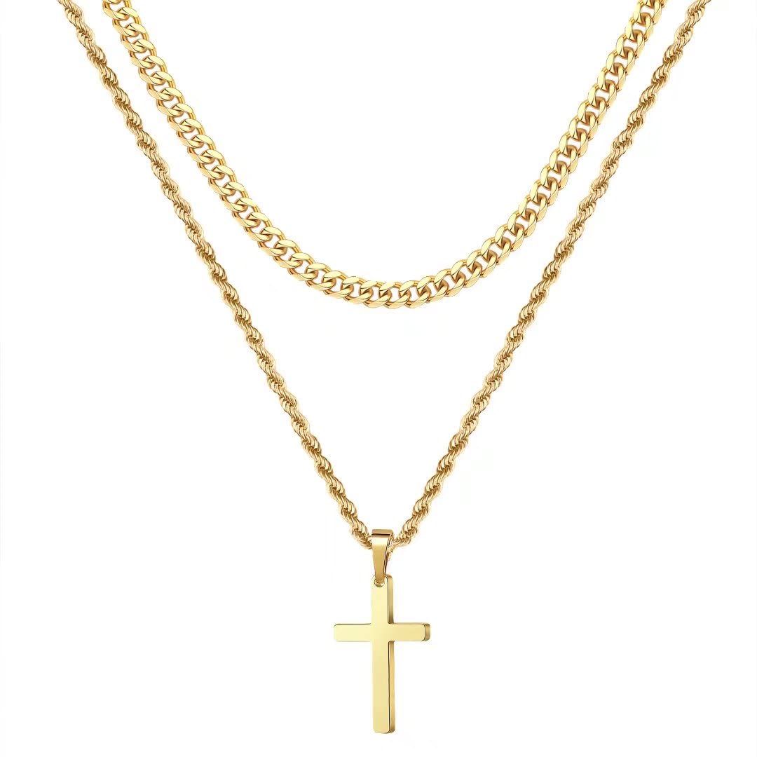 Gold Cross Necklace for Men, Mens Cross Necklaces Stainless Steel Cross Necklace for Men Women Girls Layered Rope Chain Cross Ch