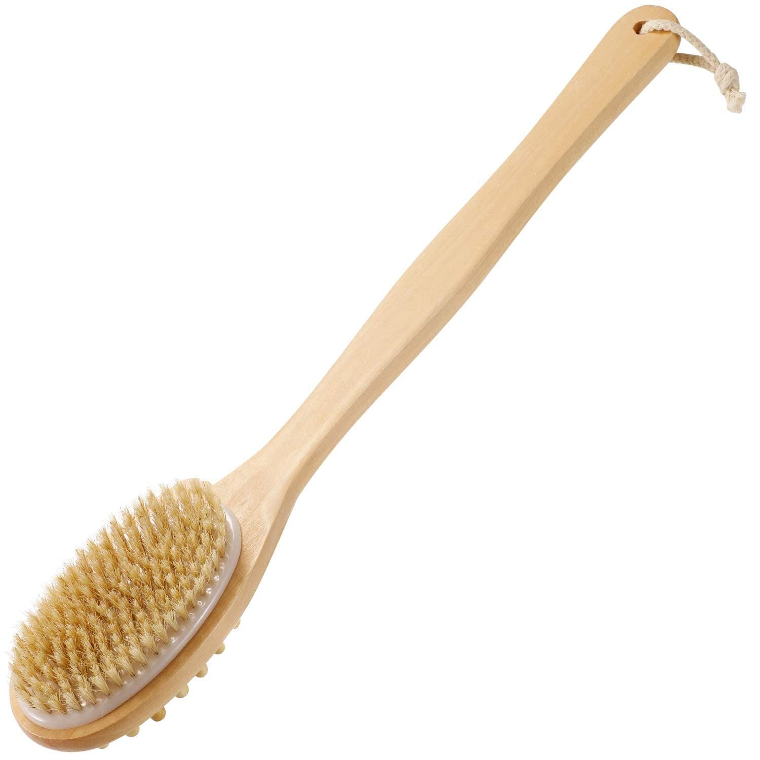 RED SQUARE Wooden Doublesided Bath Brush With Massager and Long Handle | Natural Bristles | Dry Brushing Removes Dead Skin, Tre