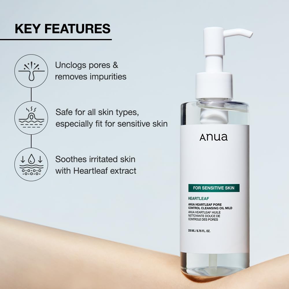 Anua Heartleaf Pore Cleansing Oil Mild, Sensitive Skin Face Wash, Oil Cleanser For Face, Makeup Blackhead Remover, Korean Skin C