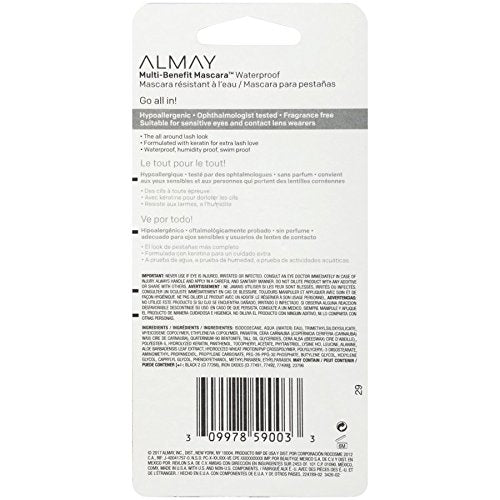 Almay Waterproof Mascara, Multi-Benefit Eye Makeup, Ophthalmologist Tested, Fragrance-Free, Hypoallergenic, Black, 0.24 Oz