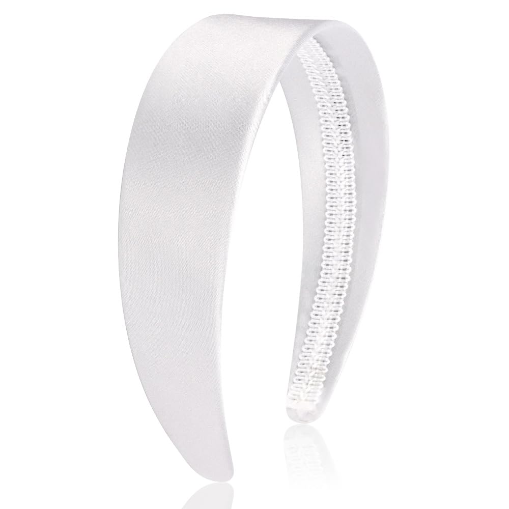 AHONEY White Headband for Women Girls Satin Silk Headband Non Slip 1.57  Wide Plain Head Band Solid Hair Band DIY Halloween Holi