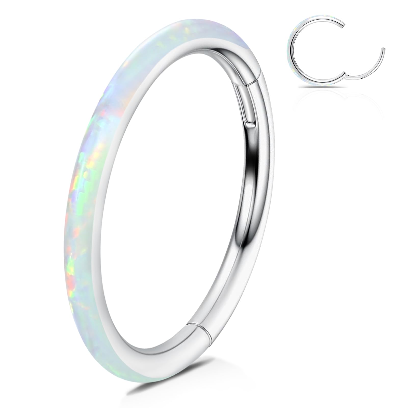 WBRWP Unisex Nose Ring Hoop with White Opal 14G(1.6mm) Diameter 8mm 316L Surgical Stainless Steel Hinged Flat Piercing Jewelry H