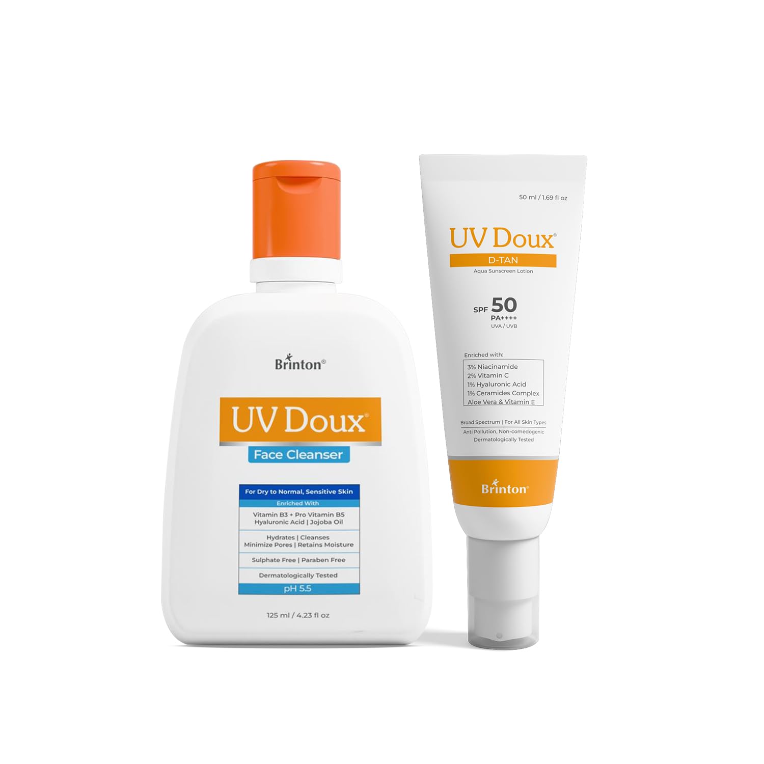 Brinton UV Doux Face Cleanser (125ml) + Brinton UV Doux DTan Aqua Sunscreen Lotion SPF 50 PA++++ (50ml) with Niacinamide and Vit