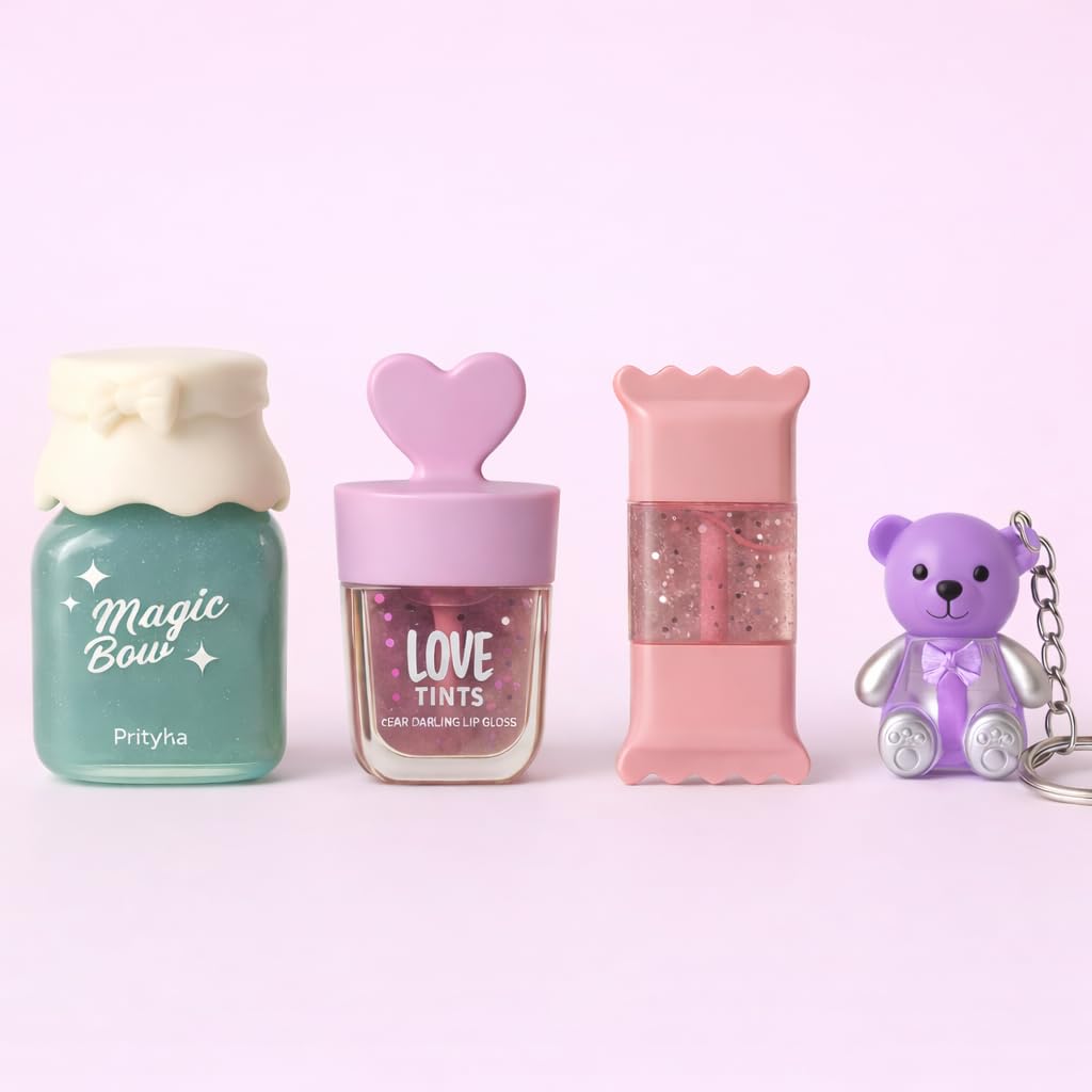 Trending Korean Lip Gloss Set For Women & Girls | 4 Pcs Non Sticky High Shine Gloss Combo Pack For Gifting | Cute Teddy Bear, Ca