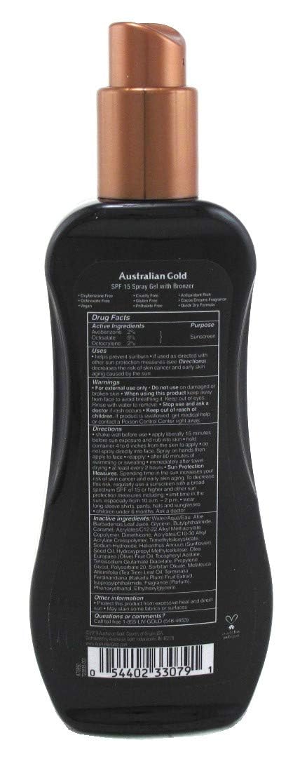 Australian Gold Spf 15 Sunscreen Spray Gel With Instant Bronzer, 8 Ounce (2 Pack)