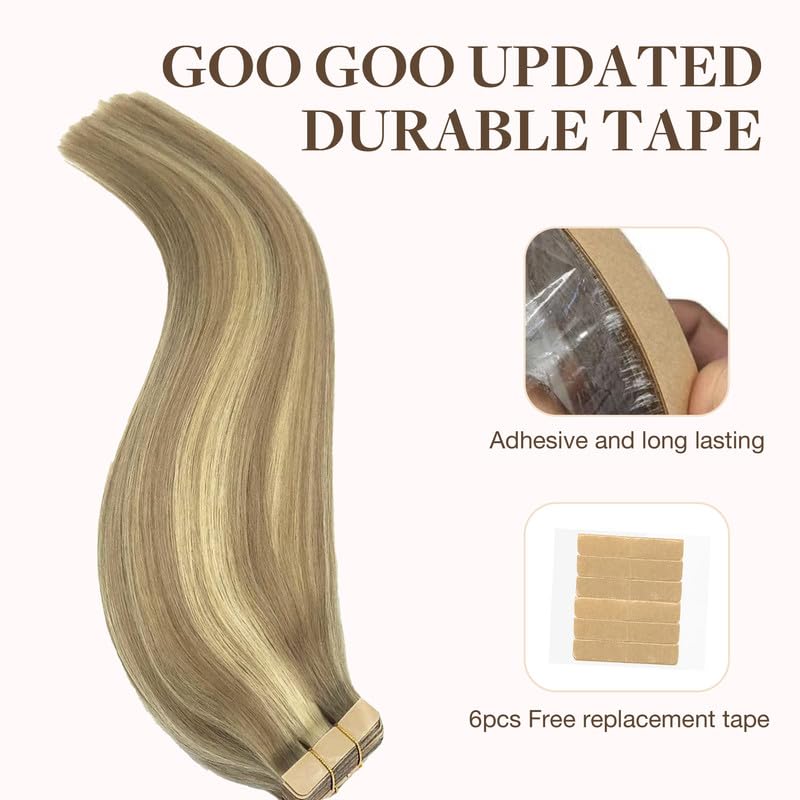 Goo Goo Tape In Hair Extensions Human Hair, 16/22 Light Blonde Highlighted Golden Blonde, 18Inch 25G 10Pcs, Thick Ends Straight