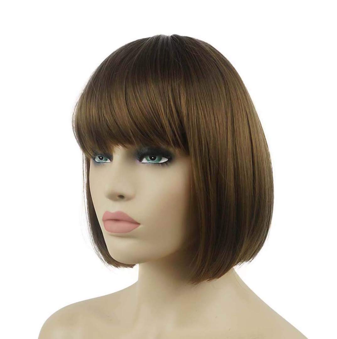 Lydell 8'' Straight Short Bob Hair Flat Bangs Cute Central Dot Skin Top Heat Resistant Synthetic Wigs (Light Reddish Golden Brow
