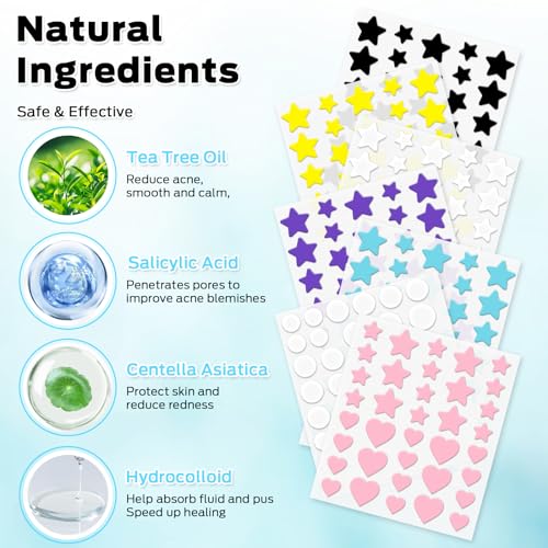 VOZRO Pimple Patches, Colorful Hydrocolloid Acne Patches for Face, Cute Star Pimple Patches with Salicylic Acid, Tea Tree & Cent