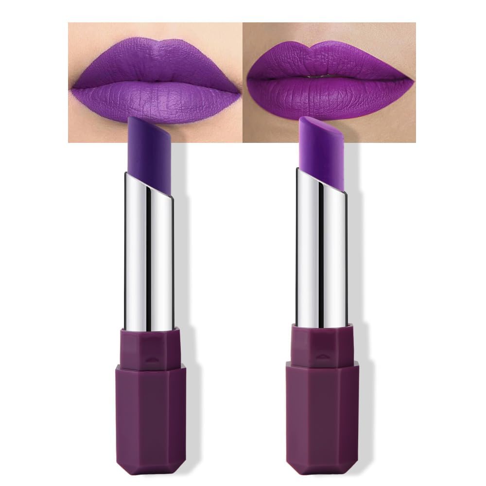 HHLTOH 2Pcs Purple Matte Cream Lipstick Set for Women, Grape & Violet, Twist-Up Smooth Long-Lasting Lip Color, Lightweight Hydra