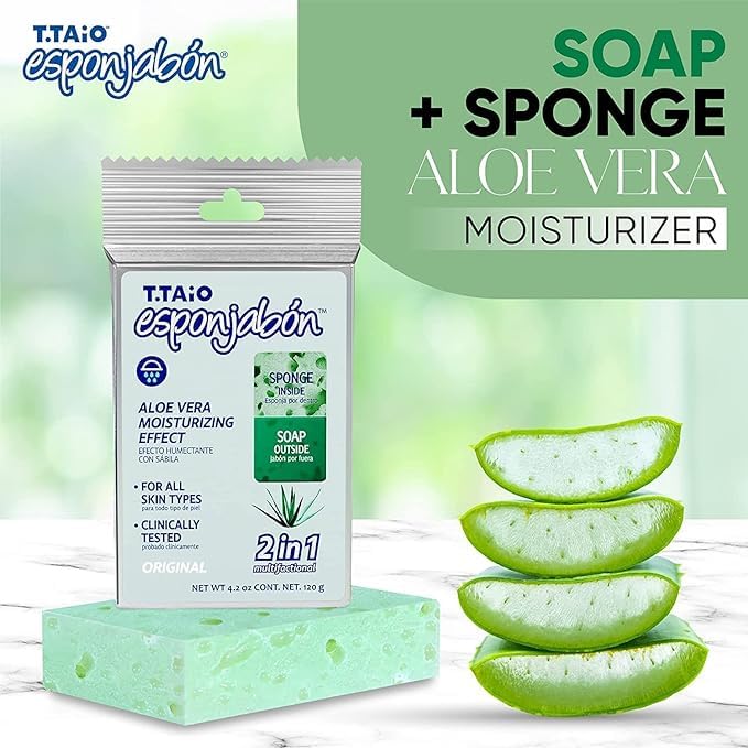 T.Taio Esponjabon Aloe Vera Soap Sponge - Gentle Shower Scrubber With Mini Mother Of Pearl - Cleaning Bath Wash Scrub - Dirt & O