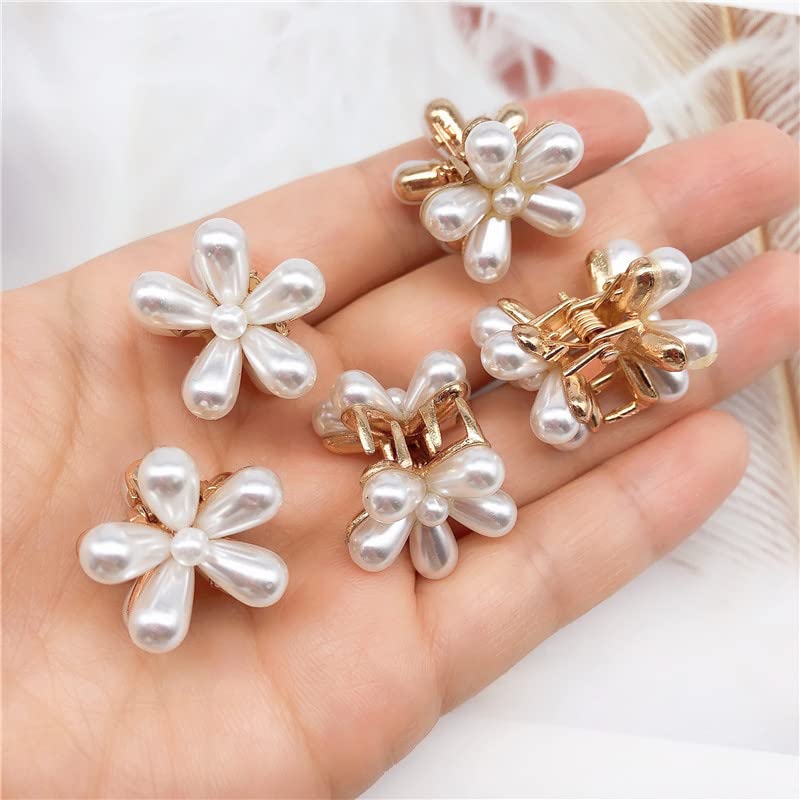 Ahoney Pearl Hair Clips With Daisy Flowers - Small Claw Bangs Clips, Korean Hair Accessories For Women And Girls
