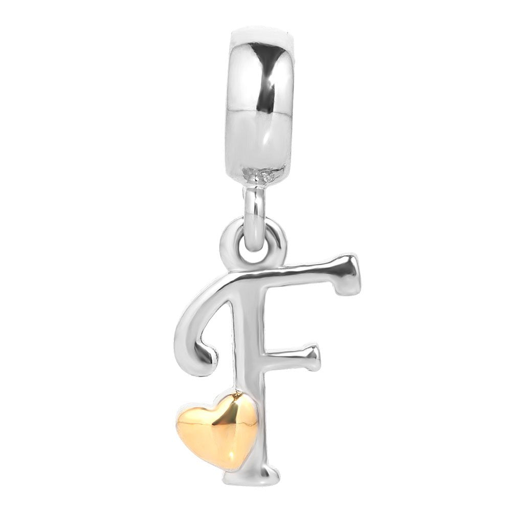 QueenCharms Initial A-Z Letter Charm Golden Heart Alphabet Dangle Beads For Bracelets & Necklaces (F)