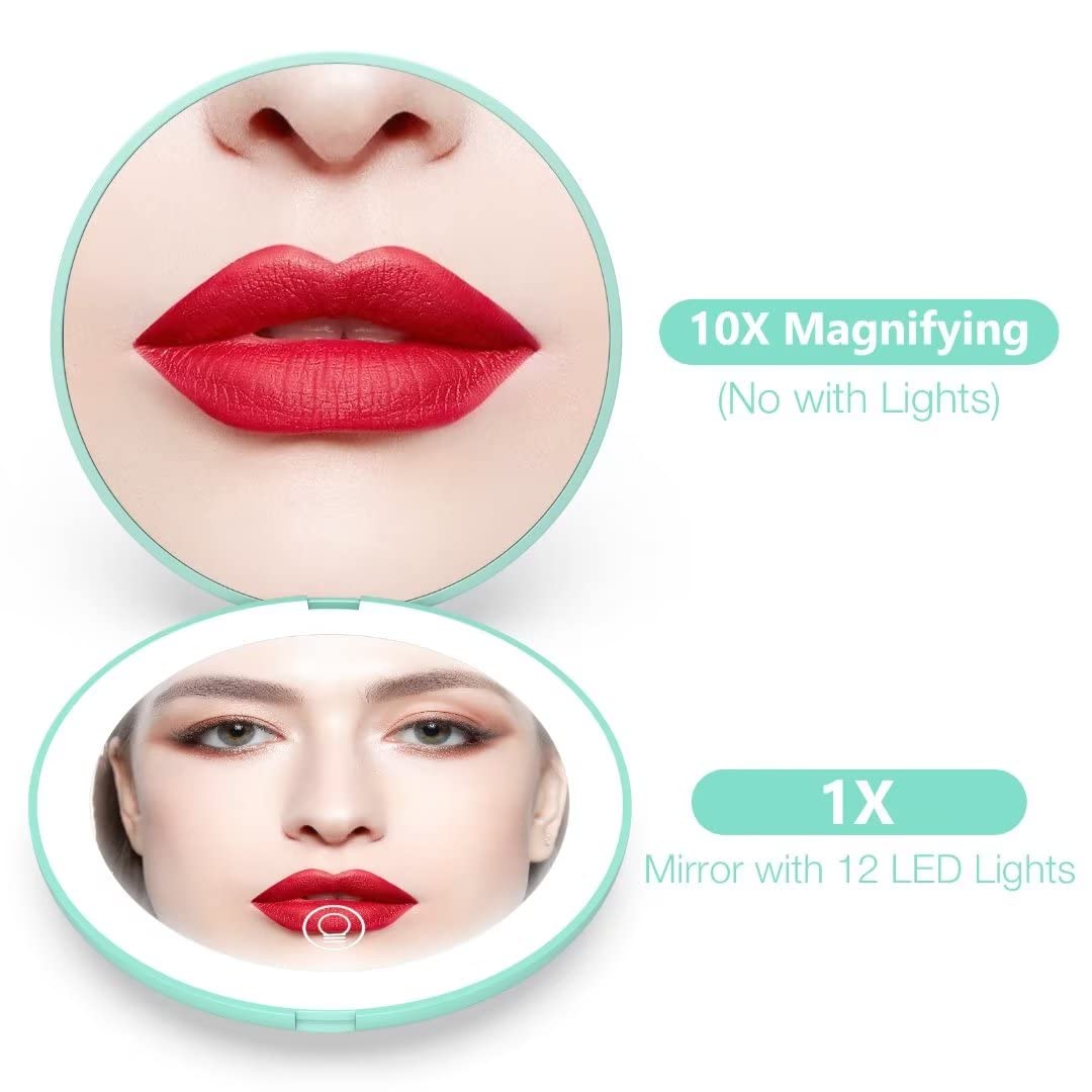 Wobsion Led Compact Mirror, Rechargeable 1X/10X Magnification Compact Mirror, Dimmable Small Travel Makeup Mirror,Pocket Mirror
