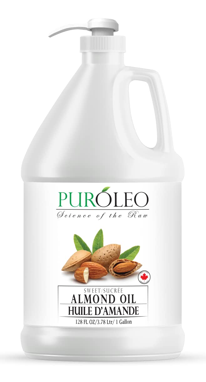 PUROLEO Sweet Almond Oil 128 Fl Oz/3784 ML (Packed in Canada) Pure Almond Oil for Skin, Hair, & Body | Organic Carrier Oil & Bod