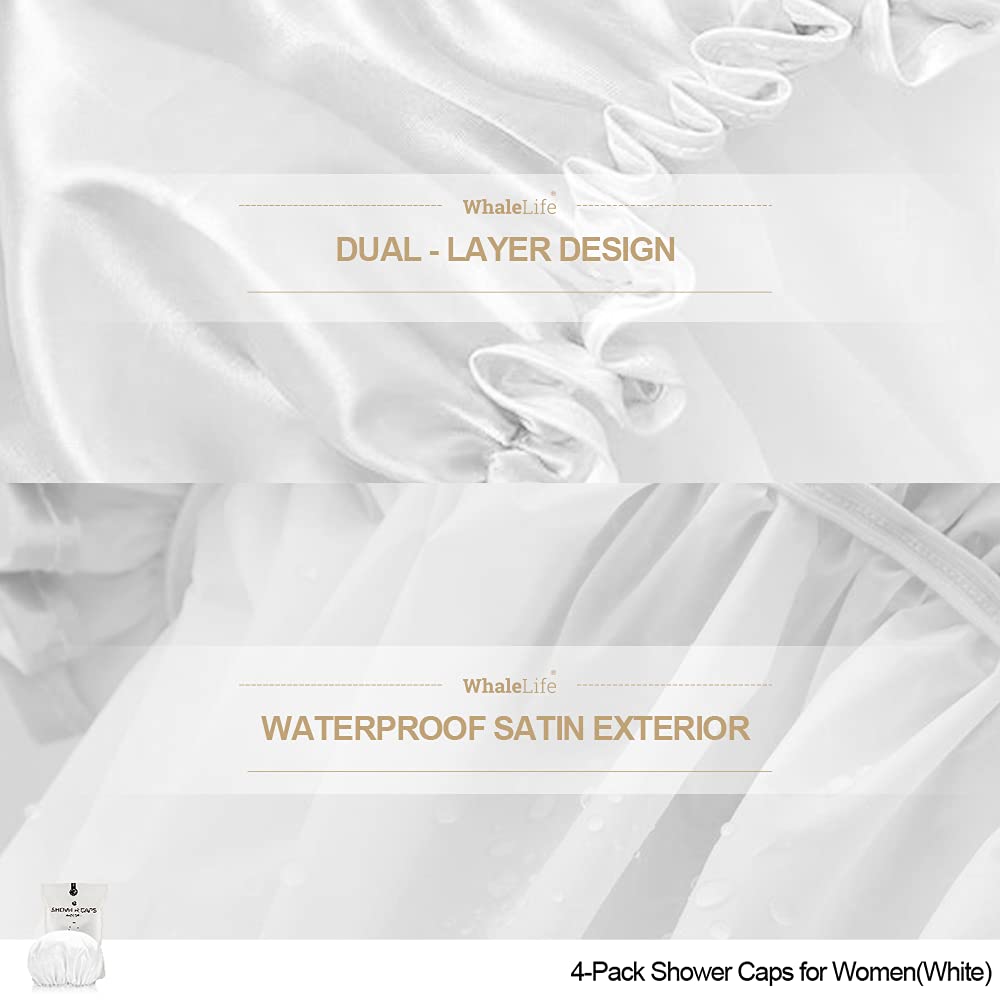 Shower Cap For Women Reusable Extra Large Shower Cap For Men (White 4 Pack Large) Satin Double Layer Eva Waterproof Long Hair Ca