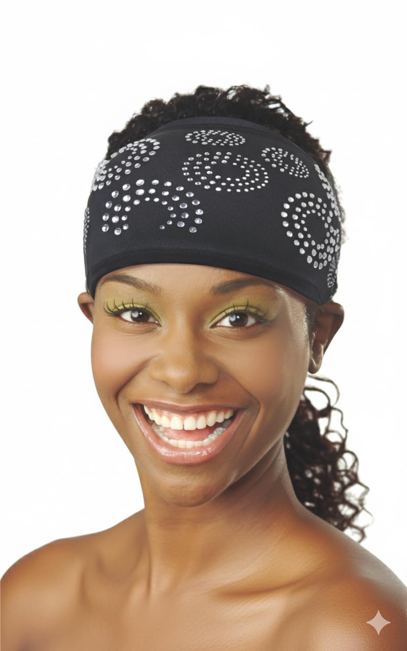 DONNA Rhinestone Spandex Headband - Adjustable Stretch Band for Hair Styling & Workout - Sparkling Design, One Size Fits All - B