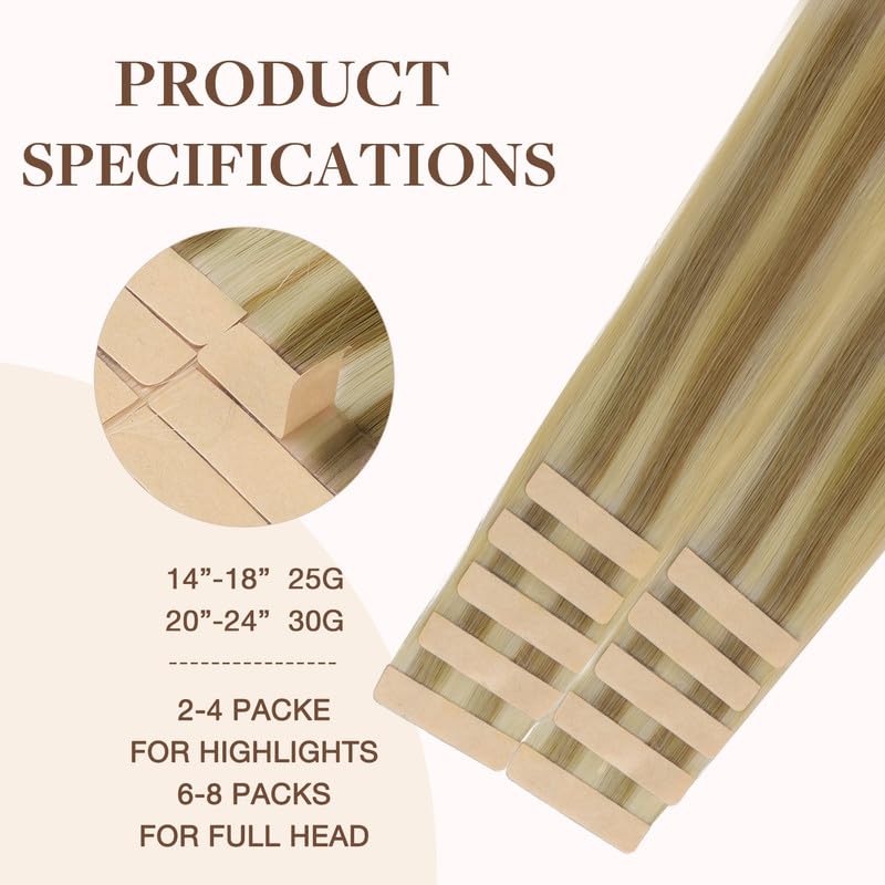 Goo Goo Tape In Hair Extensions Human Hair, 16/22 Light Blonde Highlighted Golden Blonde, 18Inch 25G 10Pcs, Thick Ends Straight