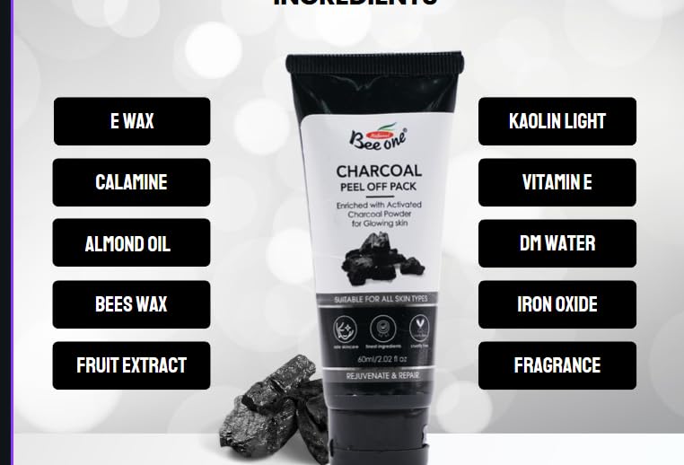 BEE ONE Charcoal Peel Off Pack 60ml/2.02 Fl Oz - Face Mask for Blackhead Remover Men & Women Face Nose Skin Cleaner - Suitable F