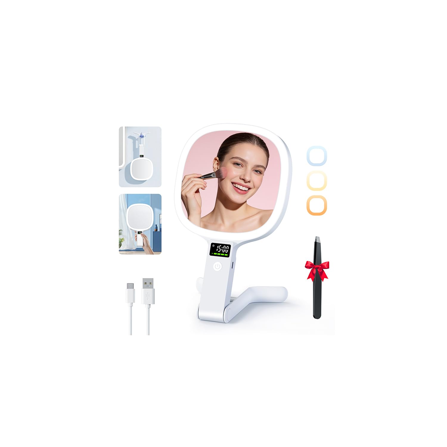 Auxmir 30X/1X Travel Makeup Mirror with Lights, Rechargeable Lighted Magnifying Mirror with LED Display, 3 Color Dimmable Vanity