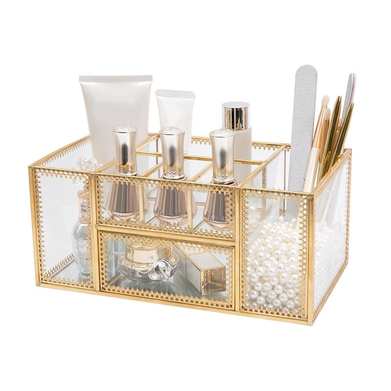 FSyueyun Vanity Clear Glass Makeup Organizer, Gold Makeup Brush Holder Cosmetic Storage Display Case for Skincare Perfume Dresse