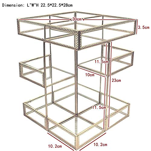 360 Degree Rotation Makeup Organizer Antique Countertop Cosmetic Storage Box Mirror Glass Beauty Display, Gold Spin Large Capaci