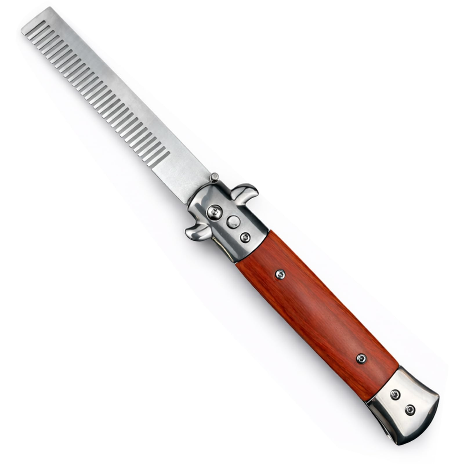 WoodGrain Automatic Folding Barber Comb  Stainless Steel SwitchStyle Pocket Hair Comb