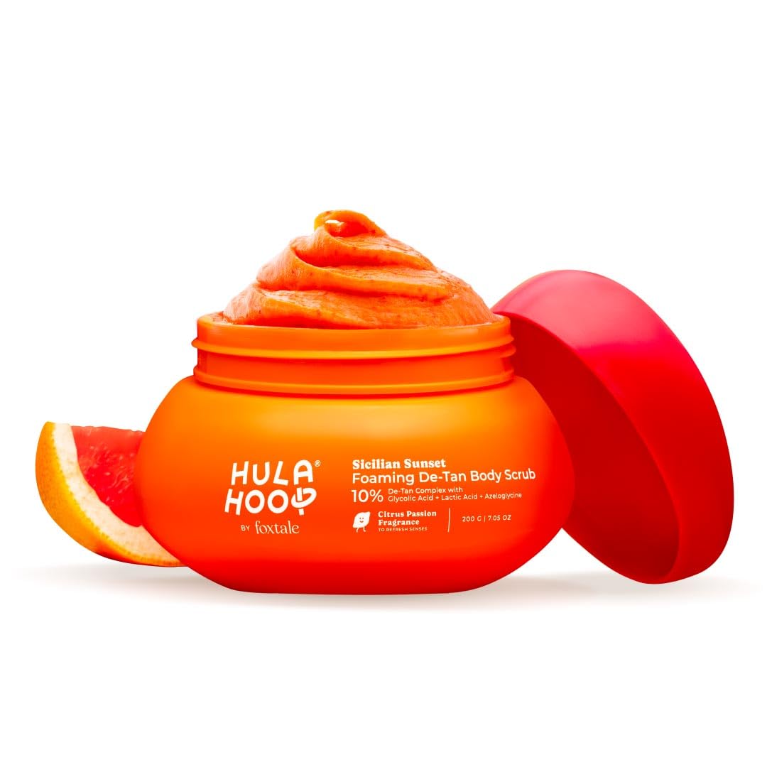 Hula Hoop Foaming 10% De-Tan Body Scrub By Foxtale | Tan Removal & Soft-Smooth Skin | 5% Glycolic Acid, Lactic Acid & Azeloglyci