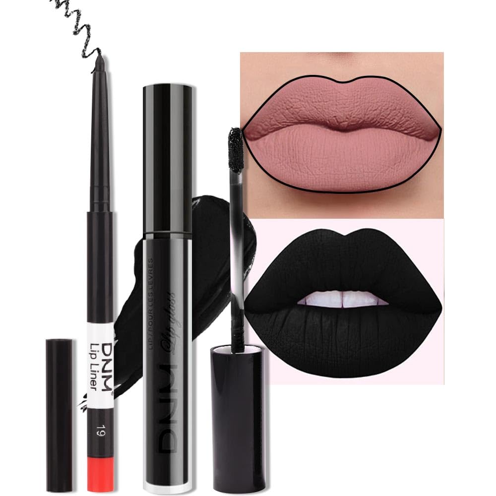 Evpct 2Pcs Black Matte Liquid Lipstick And Lip Liner Gloss Stain Pencil Makeup Set Dnm Long Lasting Dark Matte Lipstick 24H And