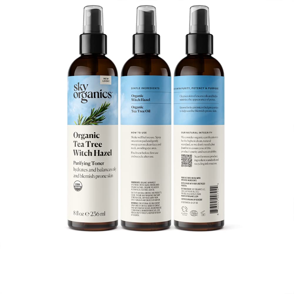Sky Organics Organic Tea Tree & Witch Hazel Facial Toner, 8 fl oz - Purifying, Hydrating for Blemish-Prone Skin, Minimizes Pores
