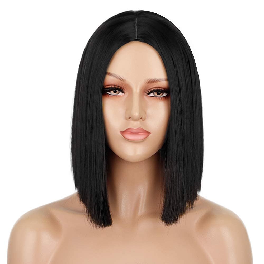 ENTRANCED STYLES Short Black Wigs for Women, Straight Bob Wigs for Girls Heat Resistant Synthetic Wigs 12 Inch Middle Part Hair 