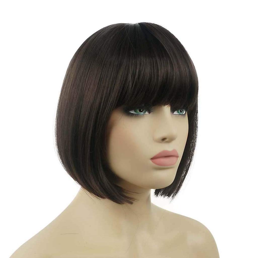 Lydell 8'' Straight Short Bob Hair Flat Bangs Cute Central Dot Skin Top Heat Resistant Synthetic Wigs (6 Chestnut Brown)