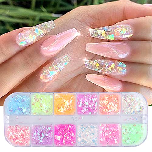 Mermaid Flake Nail Glitter Sequins, Changar Iridescent Ice Slag Nail Glitter Colorful Fluorescent Glass Paper Nail Sticker Holog