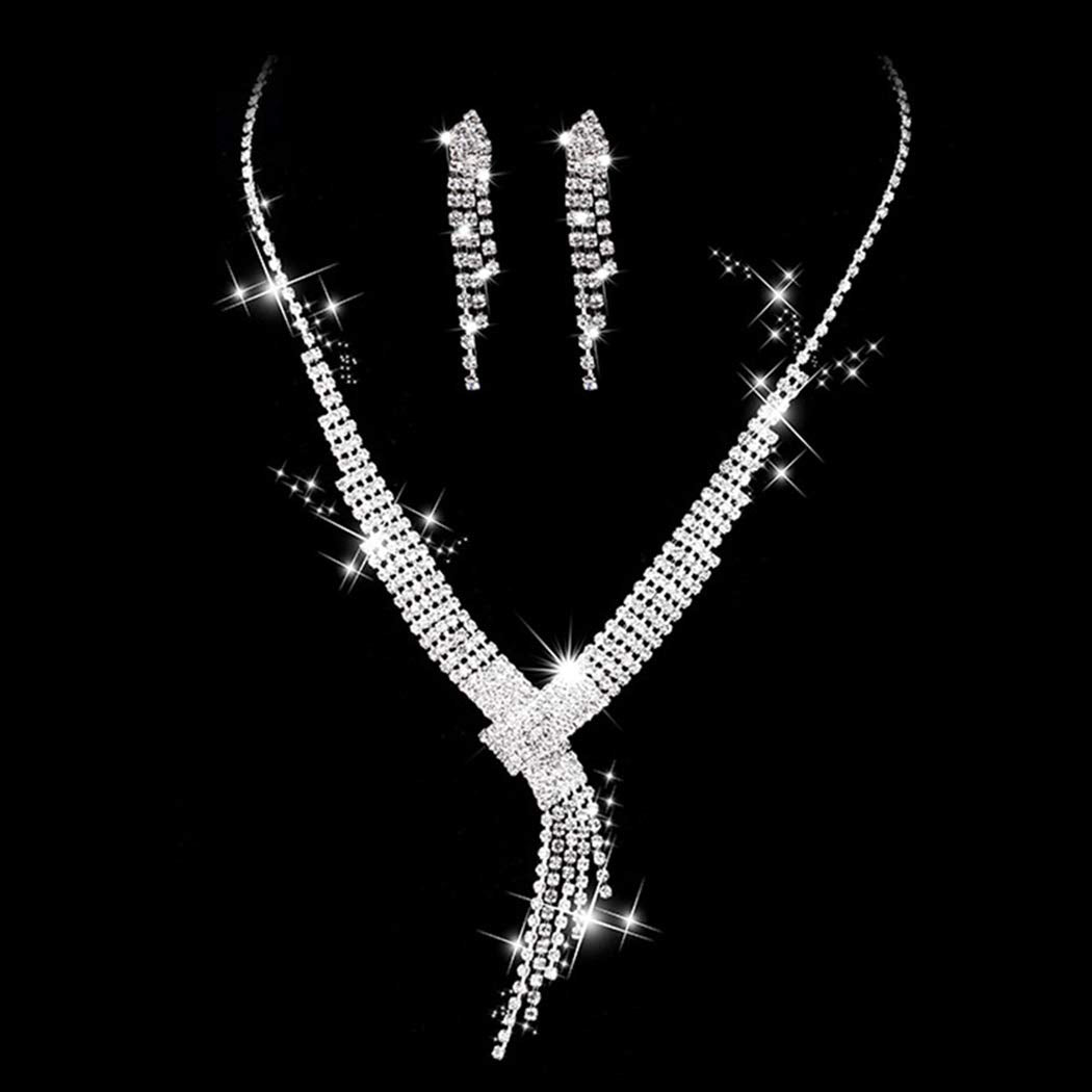 Unicra Silver Necklace Earrings Set Crystal Bridal Wedding Jewelry Sets Rhinestone Choker Necklace for Women and Brides