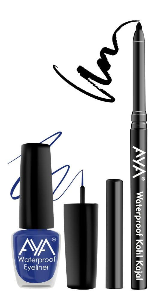 Aya Waterproof Long Lasting Smudge Transfer Proof Eye Makeup Eyeliner, Blue 5 Ml + Jet Black Waterproof Kohl Kajal 0.28G