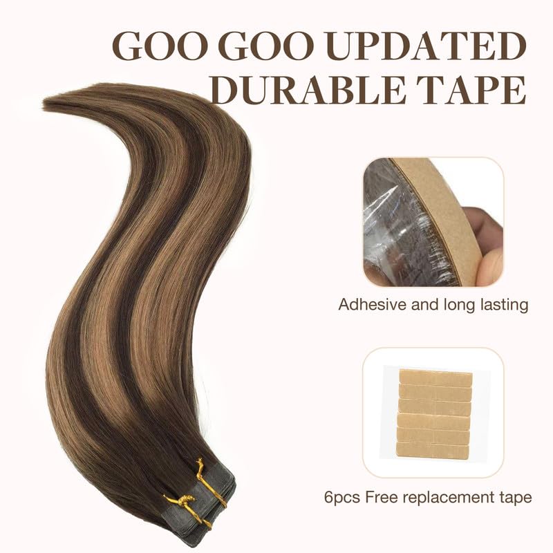 Goo Goo Tape In Hair Extensions Human Hair, 4/27/4 Balayage Chocolate Brown To Caramel Blonde, 18Inch 100G 40Pcs, Thick Ends Str