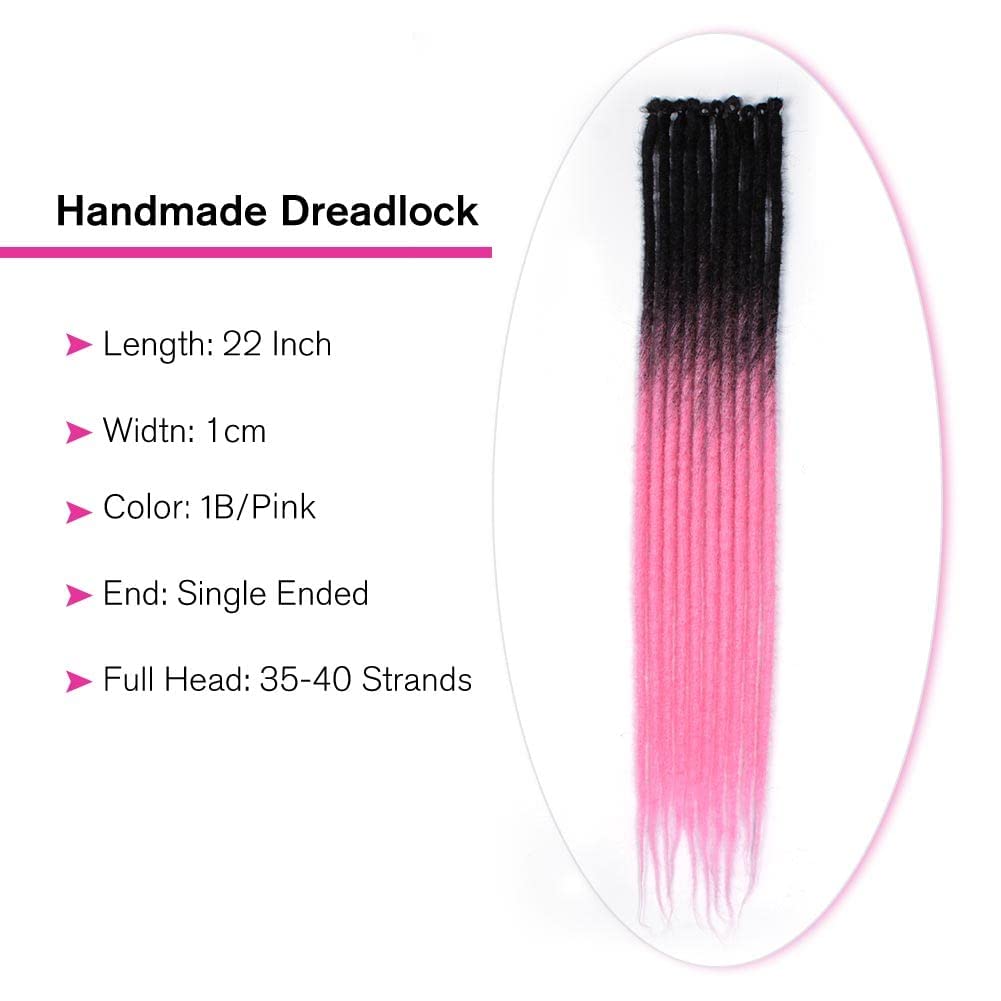 Kraler 24'' Thick Dreadlock Extensions, 20 Strands 1cm Width SE Ombre Pink Crochet Dreadls Extensions of Synthetic Hair Hip Hop
