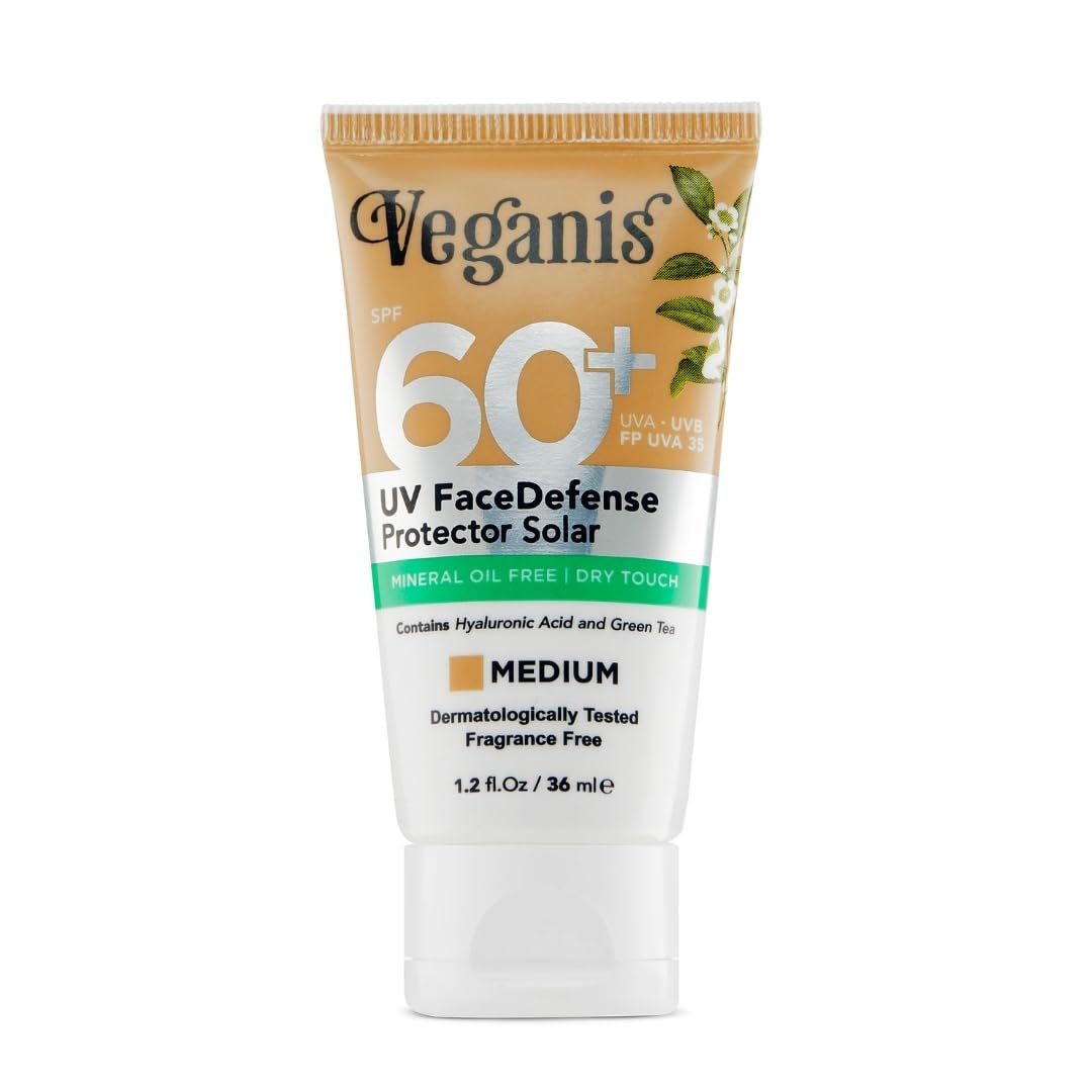 VEGANIS Sunscreen SPF 60 Medium Tone  Hyaluronic Acid & Green Tea  Tinted Face Sunscreen for Daily Use  BroadSpectrum UVA/UV