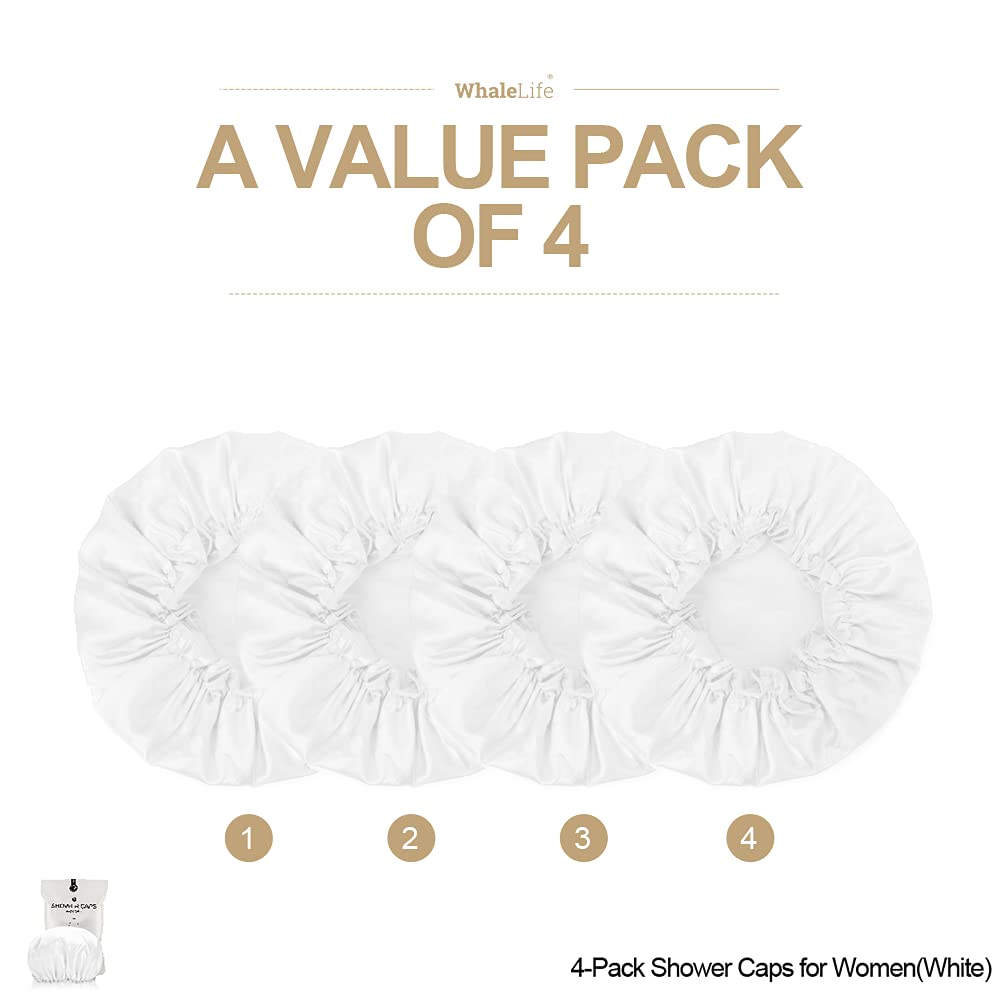 Shower Cap For Women Reusable Extra Large Shower Cap For Men (White 4 Pack Large) Satin Double Layer Eva Waterproof Long Hair Ca