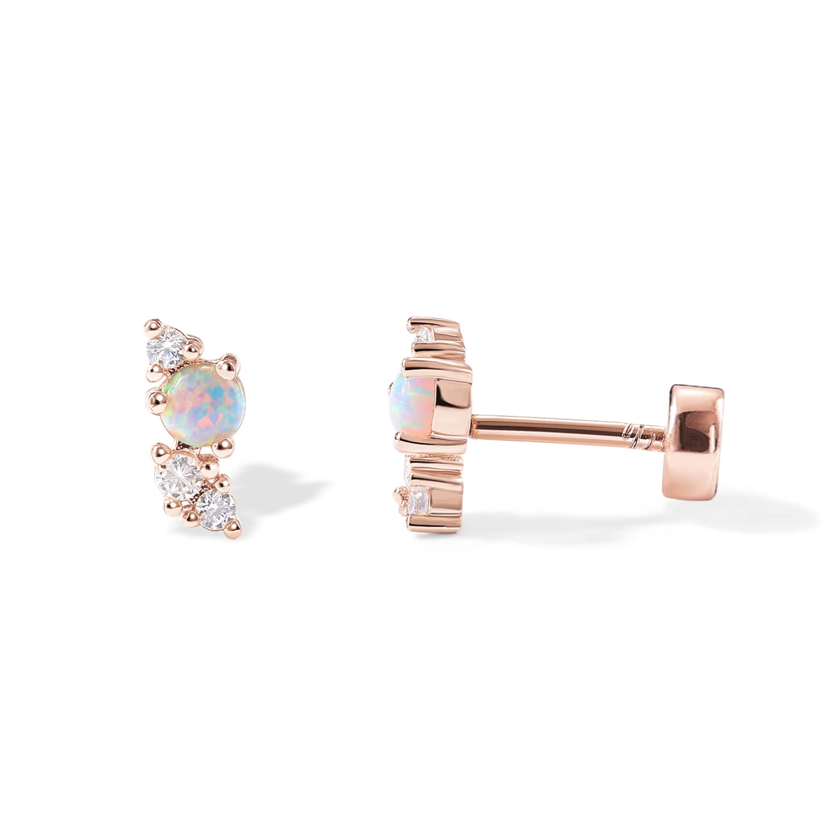 PAVOI 14K Rose Gold Plated Solid 925 Sterling Silver Post Cubic Zirconia Flat Back Earrings for Women | Opal Cartilage Earring |
