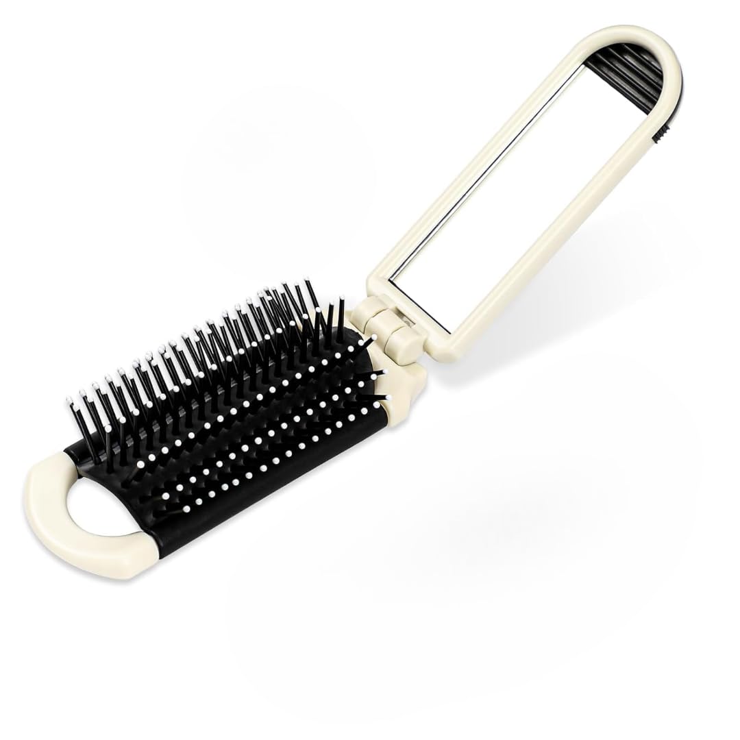 Foldable Hair Brush With Mirror, Portable Travel Hair Brush For Women & Men, Compact Pocket Comb For Purse Bag Travel, Detanglin
