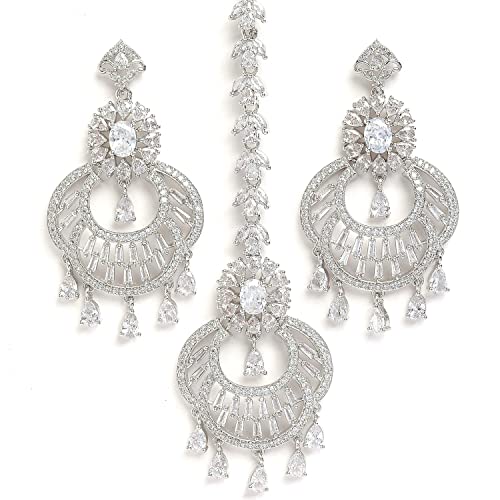 ZENEME RodhiumPlated American Diamond Studded Maang Tikka With Earring Jewellery For Women and Girls (Design 2)