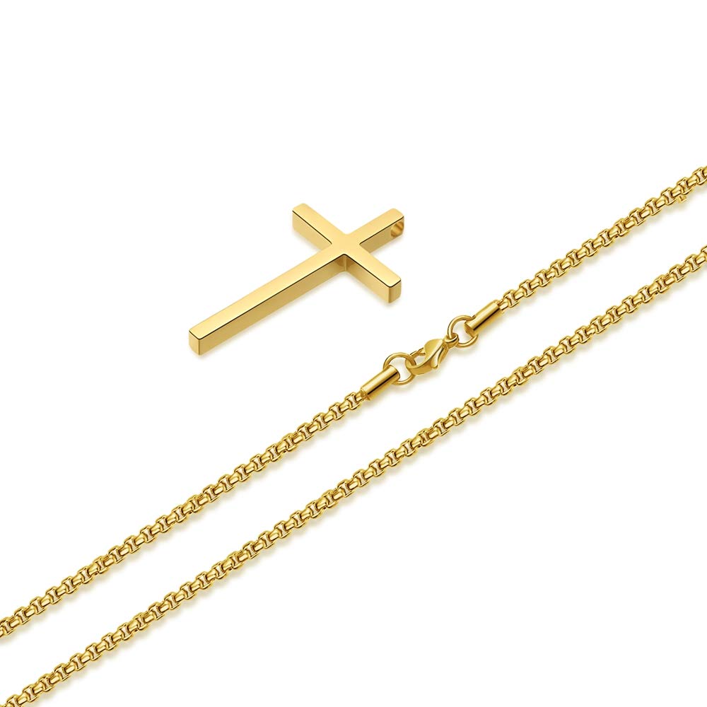 M MOOHAM Dainty Gold Stainless Steel Cross Pendant Necklaces for Men Women Pendant Chain 30 Inch Gold, Christian Religious Bapti