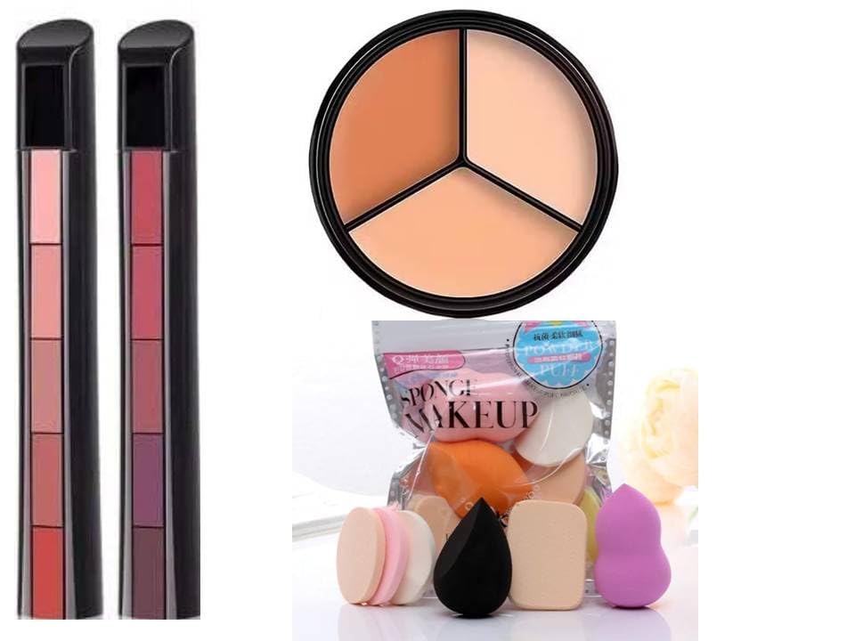 Just Tya Professional Makeup Combo Kit  6 Shade Matte Finish Lipstick Set, 3In1 Concealer Palette, Makeup Sponge Set For Wome