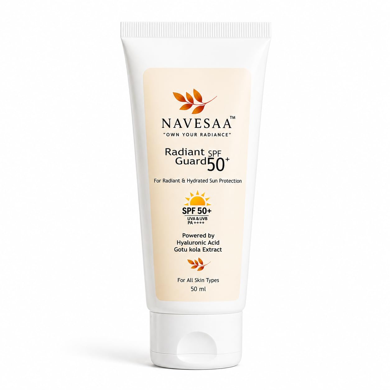 Navesaa Radiant SPF Guard 50+ Sunscreen Cream, UVA & UVB PA++++ Sun Protection with Hyaluronic Acid & Gotu Kola Extract, Hydrati