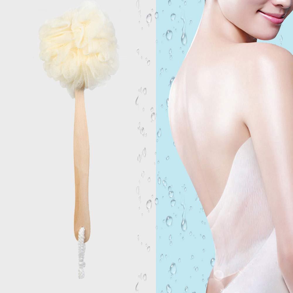 Arswin Loofah Back Scrubber For Shower, Wooden Long Handle Bath Sponge Lufa Shower Brush, Soft Nylon Mesh Back Cleaner Washer, B