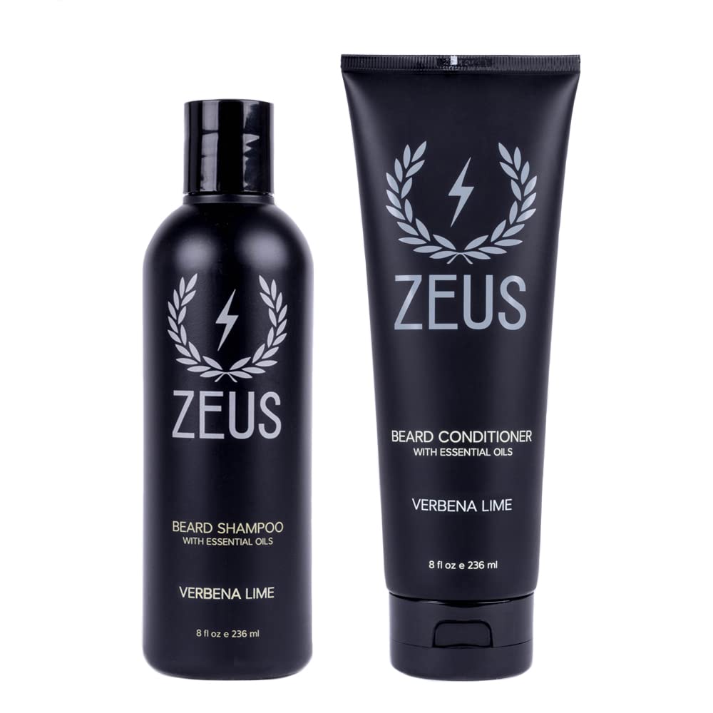 Zeus Beard Wash & Beard Conditioner Set With Green Tea For Men, Soften, Hydrates & Moisturizes - Made In Usa (Verbena Lime)